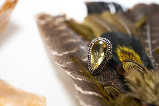 Yellow crystal gemstone ring, sterling silver