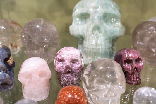 Carved gemstone skulls, multiple colors, Edmonton gift shop
